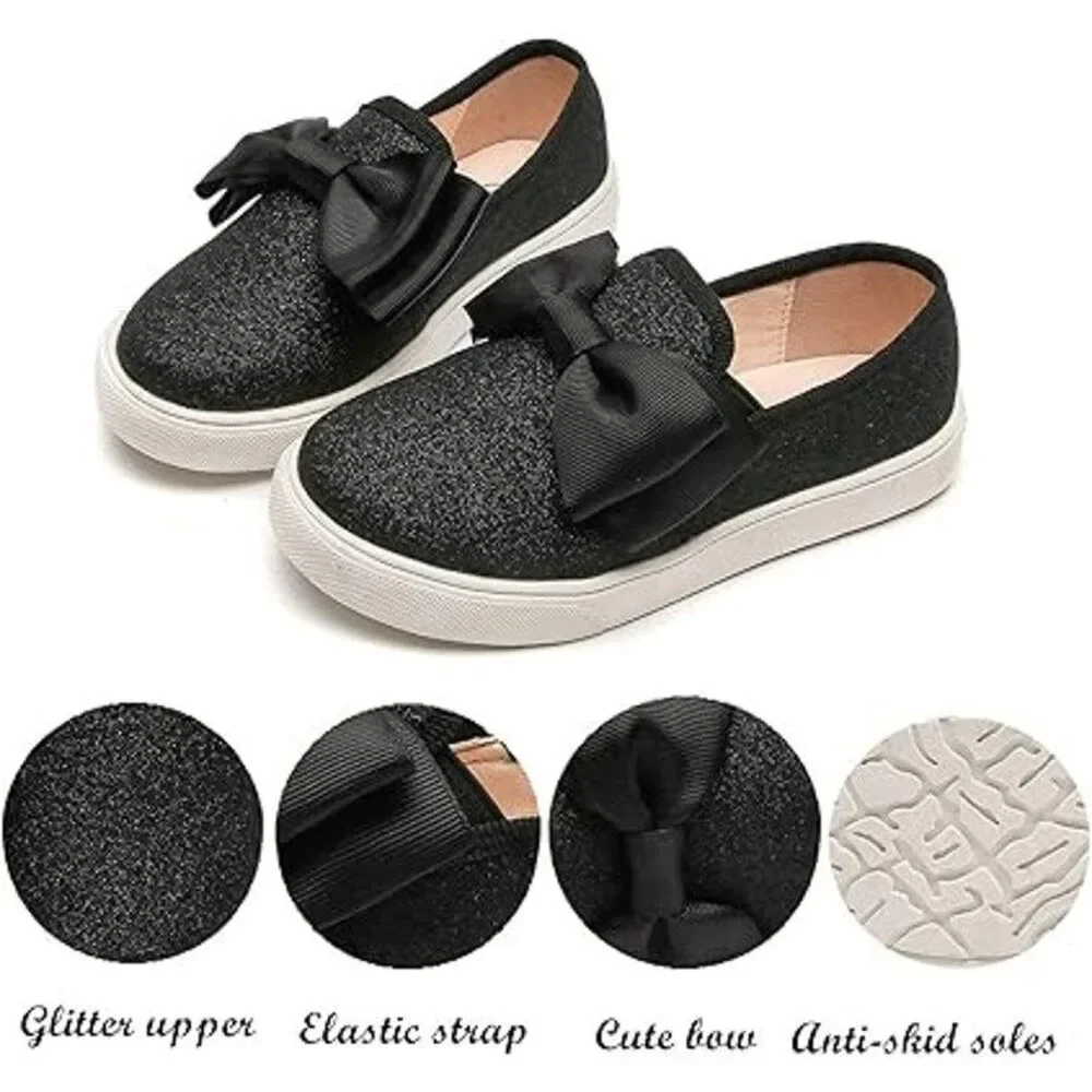 Dadawen Big Girls Size 13 Black Glitter Bow Slip On Anti Skid Loafer Shoes